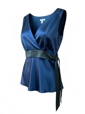 Isaac Mizrahi Navy Blue 100% Silk Crossover Black Waist Tie Blouse XL